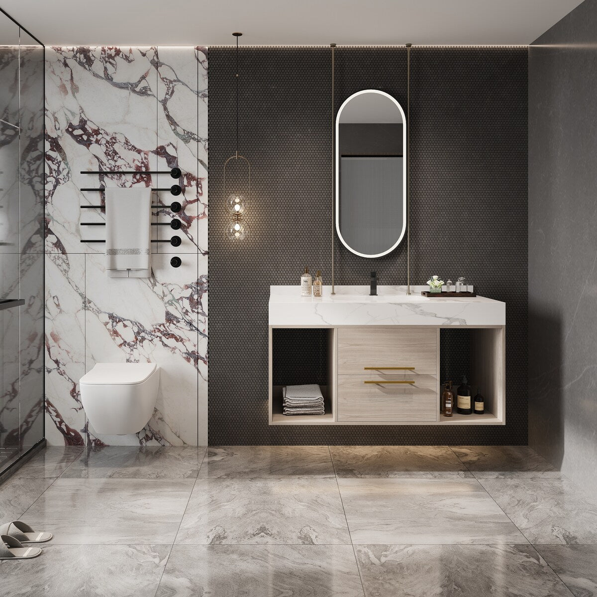 39.4 '' Floating Bathroom Vanity with Ceramic sink,Wall Hung Vanity 2 Soft Close Drawer and white slate top - 39'4 x 18'9