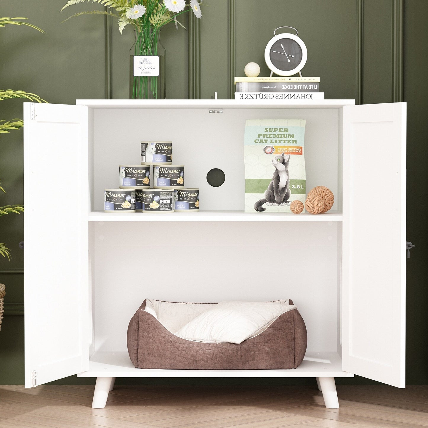Cat Litter Box Enclosure Cat House Side Table Door Cabinet Bookcase