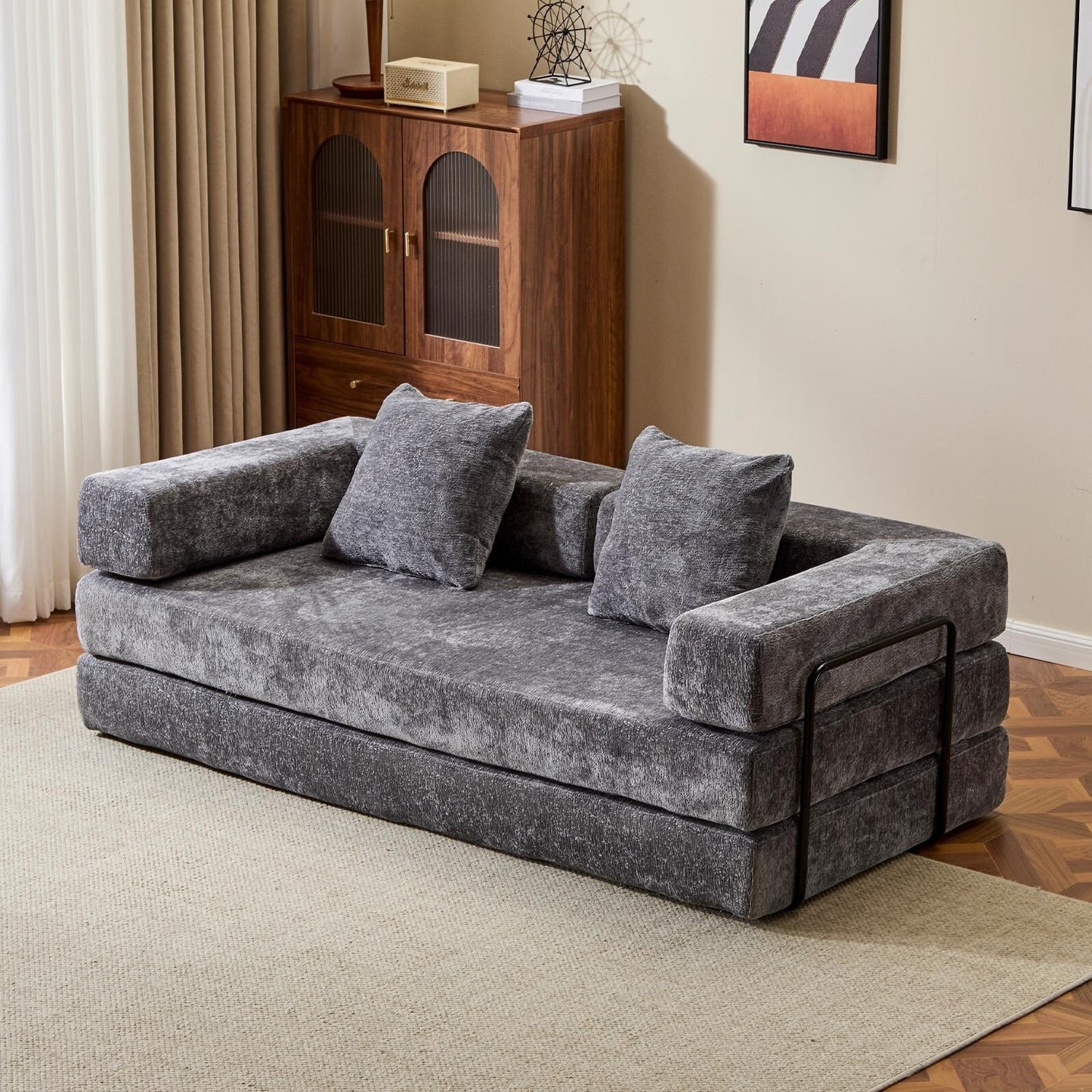 Floor Sofa Bed Convertible with Pillow Back Chenille Fabric for Living Room Bedroom