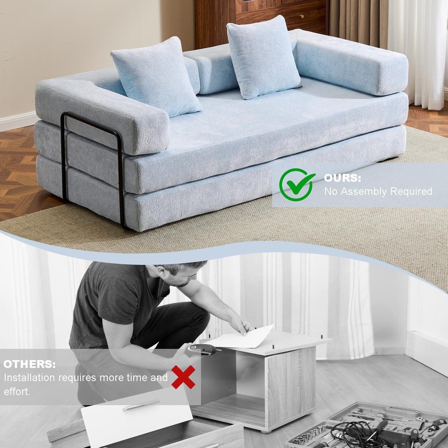 Floor Sofa Bed Convertible with Pillow Back Chenille Fabric for Living Room Bedroom
