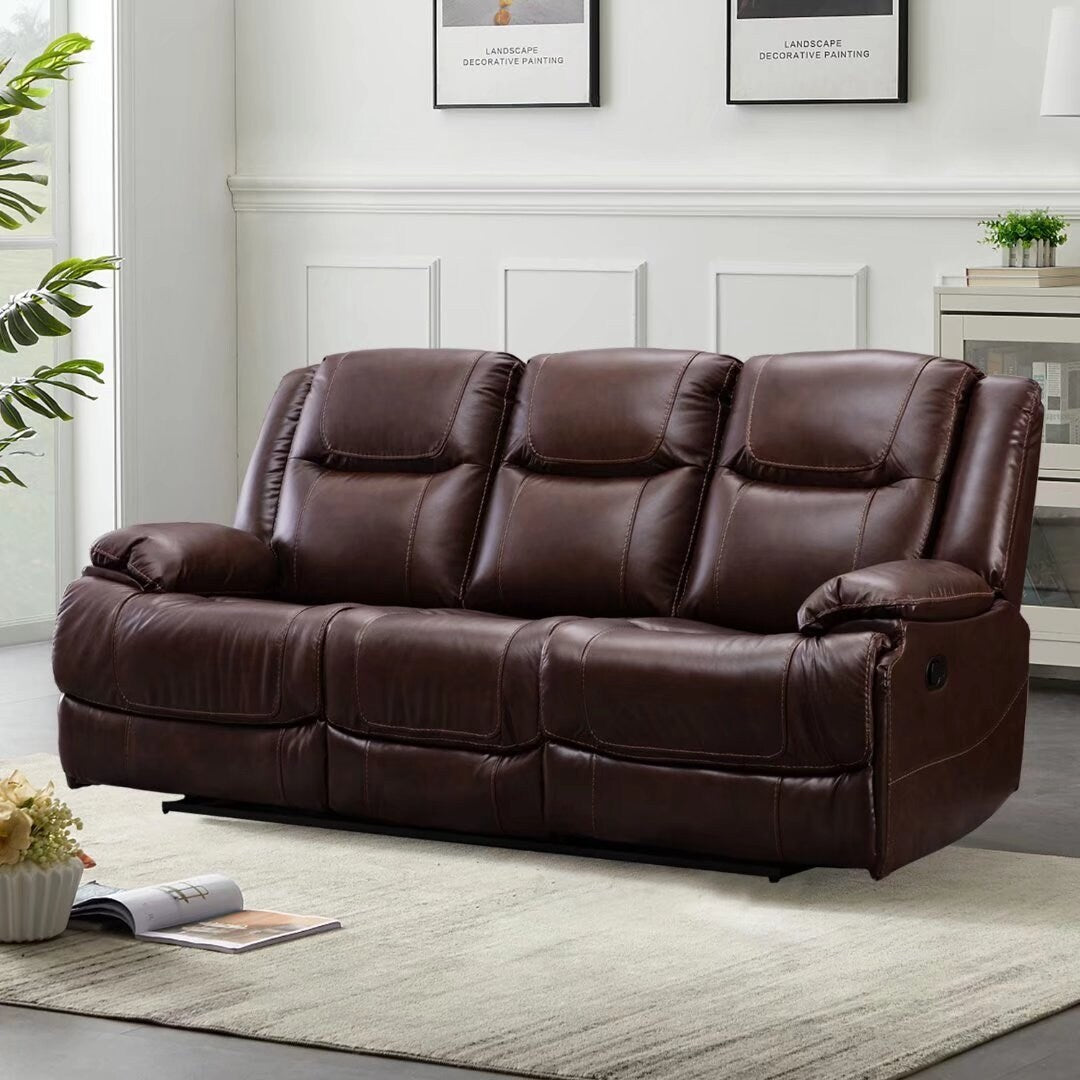 Genuine Leather Mid-century Modern Style Manual Recliners Sofa Set