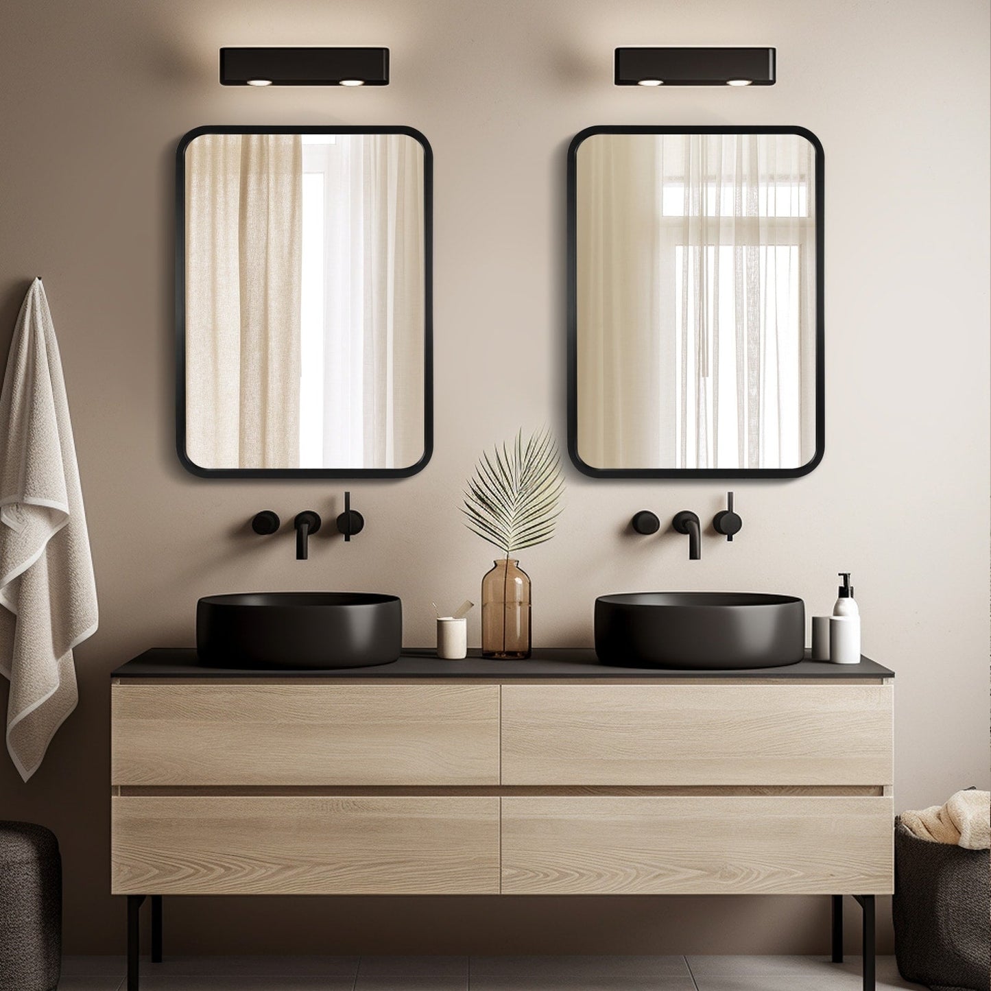 Round Corner Rectangle Farm Wall Mirror with Solid Wood Frame