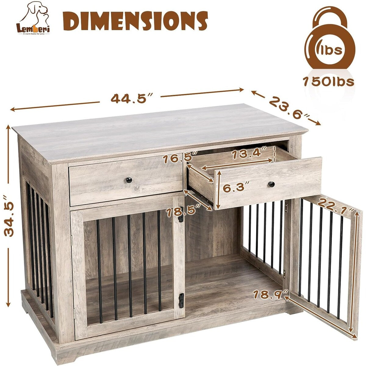 BOSSIN 44 Inch Large Dog Crate Furniture, Wooden Dog Kennel End Table with Storage Drawers, Decorative Pet Crates Dog House