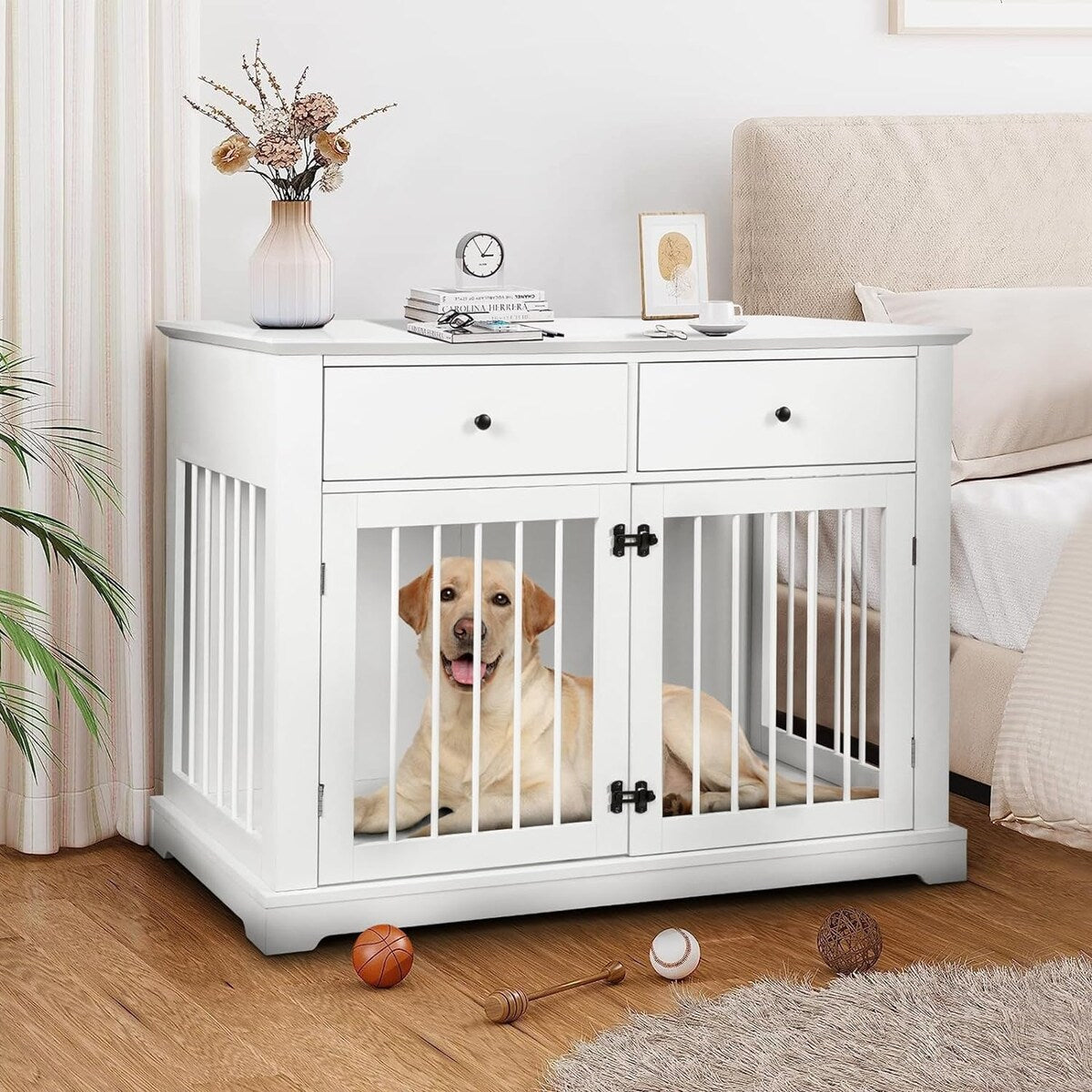 BOSSIN 44 Inch Large Dog Crate Furniture, Wooden Dog Kennel End Table with Storage Drawers, Decorative Pet Crates Dog House