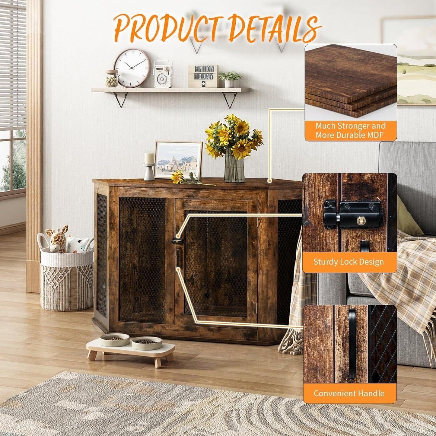 BOSSIN Corner Dog Crate Furniture,44/52 inch Wooden Dog Kennel Furniture with Mesh,Decorative Wood Dog House for Indoor use