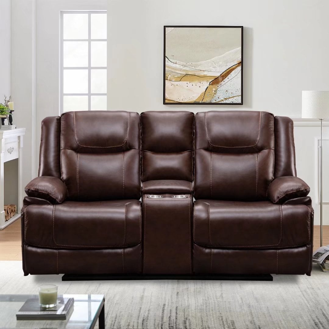 Genuine Leather Mid-century Modern Style Manual Recliners Sofa Set