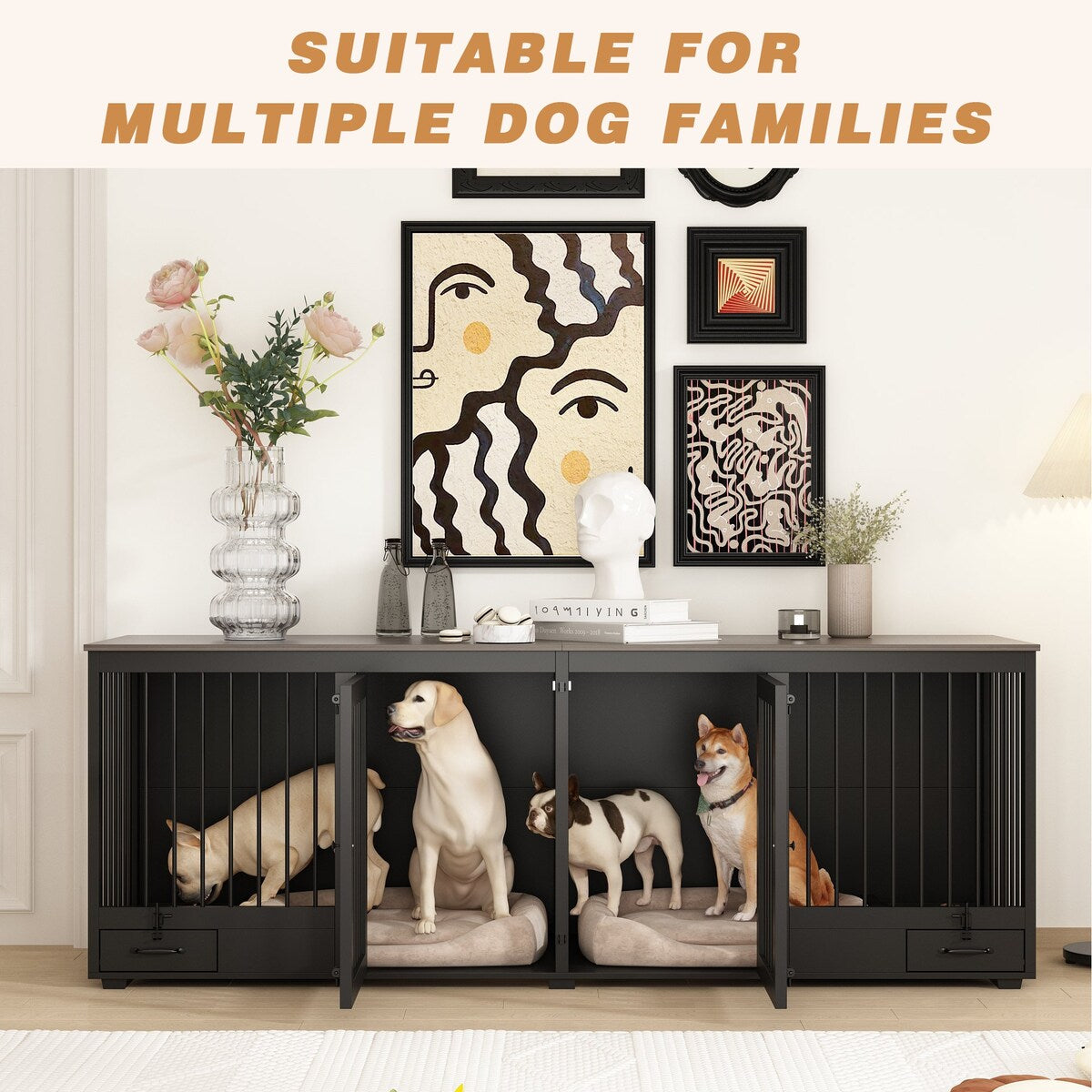 Dog Crate Furniture -Wooden Dog Kennel with Room Divider and 2 Drawers