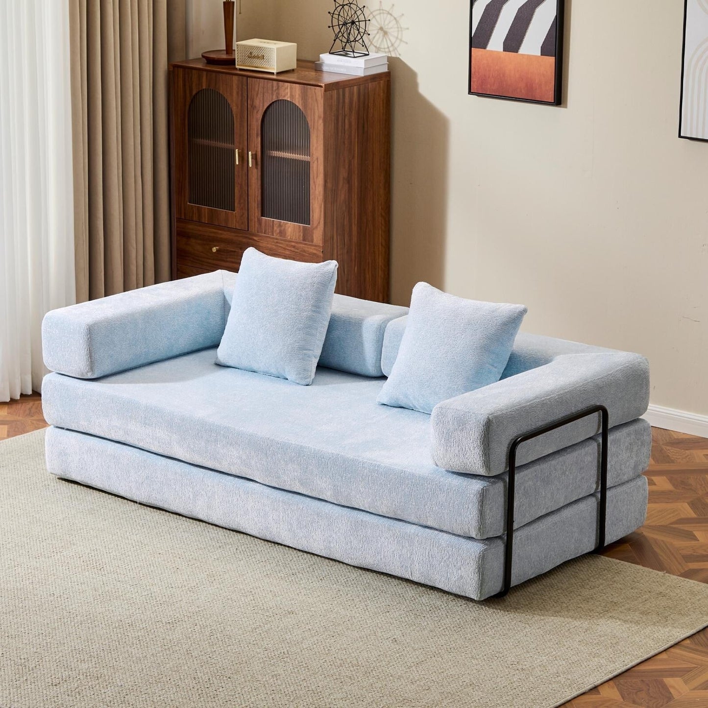 Floor Sofa Bed Convertible with Pillow Back Chenille Fabric for Living Room Bedroom