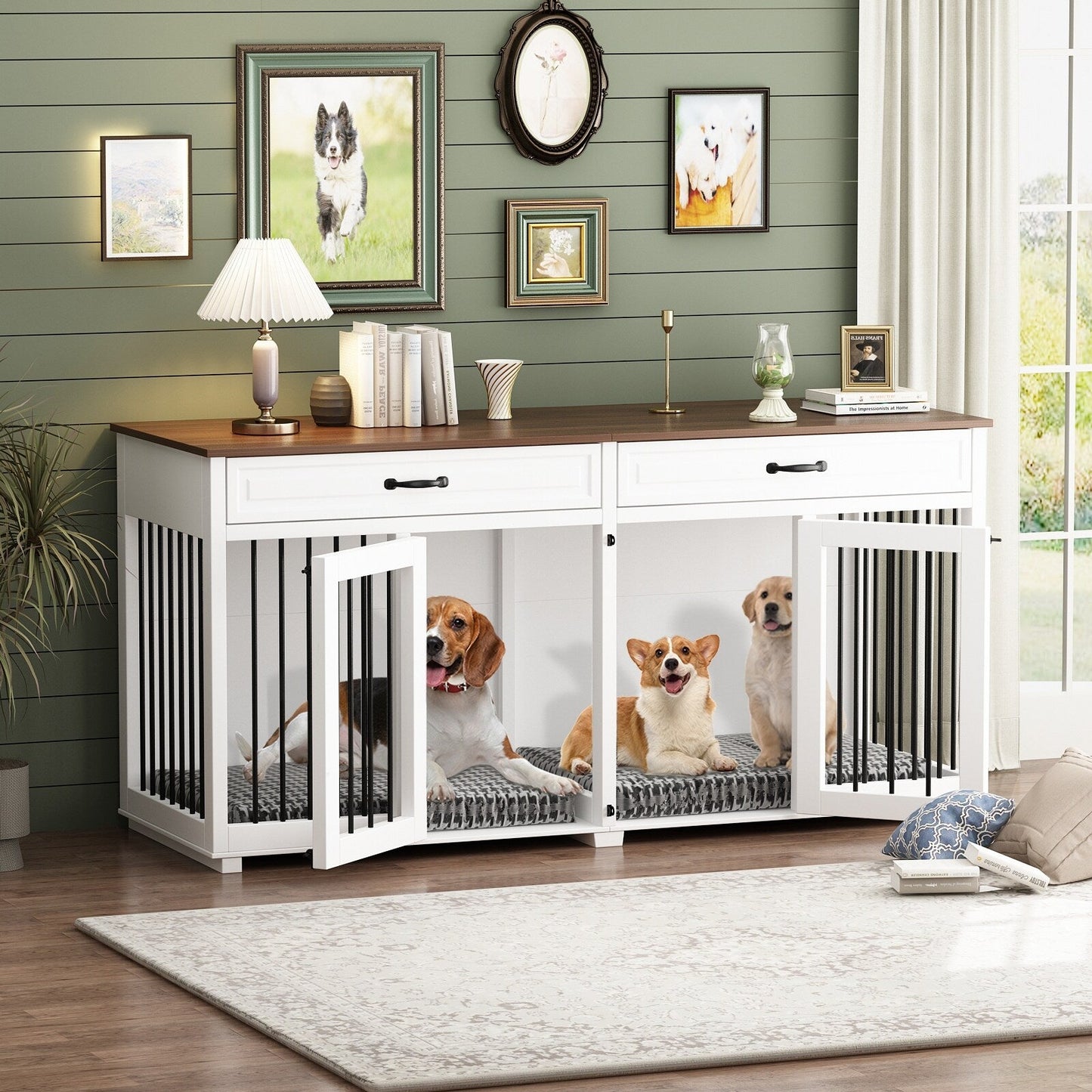 Furniture Style Dog Crate, 64.5 Inch Wooden Large Dog Kennel