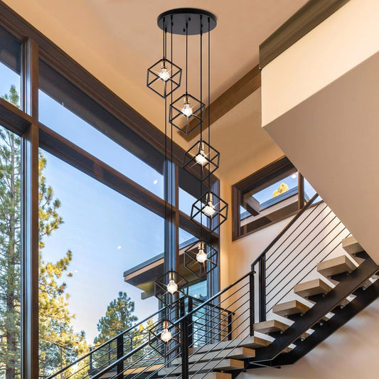 Geometric Pendant Chandelier for Stairway / Staircase, Adjustable Height 5 or 7 Light Cluster
