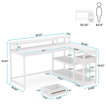 L Shaped Desk with Drawer, Home Office Corner Desk with Storage Shelves and Monitor Stand, Rustic PC Desk for Small Space