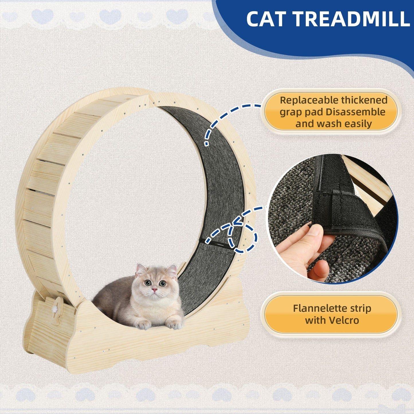 Moasis 43.3 inch Wood Large Cat Treadmill Exercise Running Wheel with Carpeted Runway