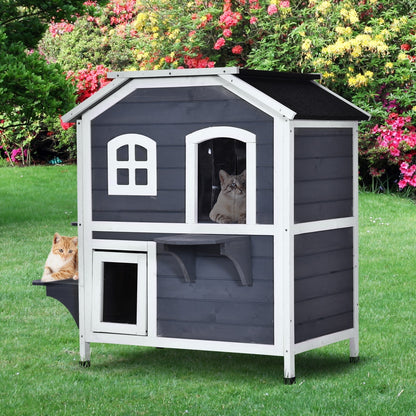 PawHut Fir Wood 2-Story Outdoor Cat House, Wooden Feral Cat Shelter with Openable Asphalt Roof for Indoor/Outdoor, White / Grey