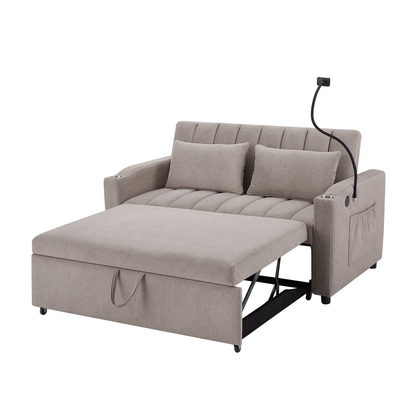 Roomfitters Convertible Loveseat Sofa Bed with USB Ports, Side Pockets, Cup Holders, and Swivel Phone Holder for Living Room