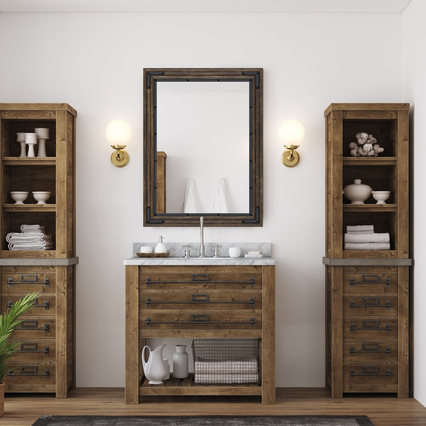 Rustic Wooden Framed Wall Mirror, Natural Wood Bathroom Vanity Mirror