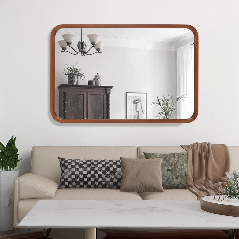 Round Corner Rectangle Farm Wall Mirror with Solid Wood Frame