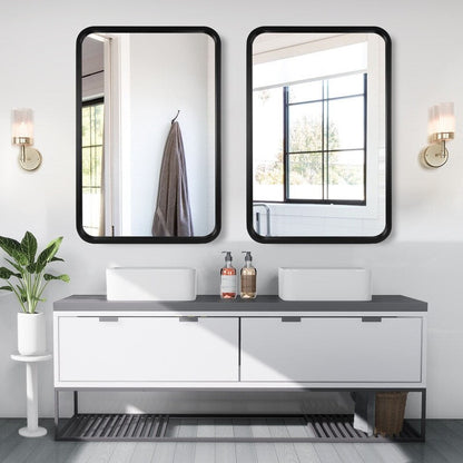 Round Corner Rectangle Farm Wall Mirror with Solid Wood Frame