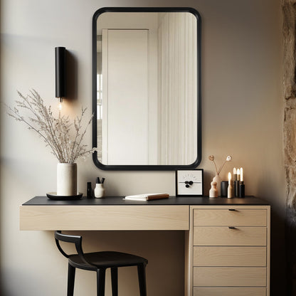 Round Corner Rectangle Farm Wall Mirror with Solid Wood Frame