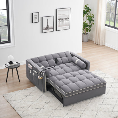 Velvet Convertible 55'' 2-Seater Sleeper Sofa with Pull-Out Bed, Adjustable Recline, Side Pockets, and Phone Holder