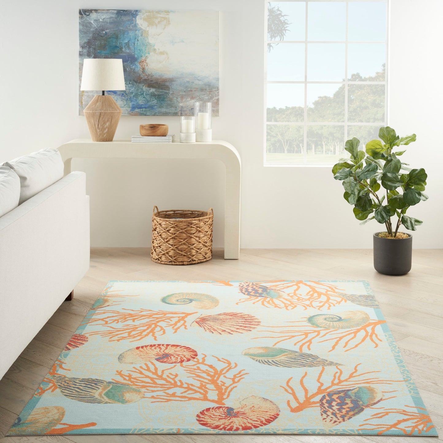 Waverly Sun & Shade Shore Thing Tropical Sea Shell Floral Indoor Outdoor Area Rug